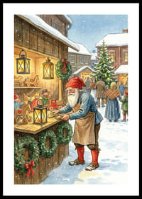 Julidyll med tomte och leksaker under snöig himmel-0