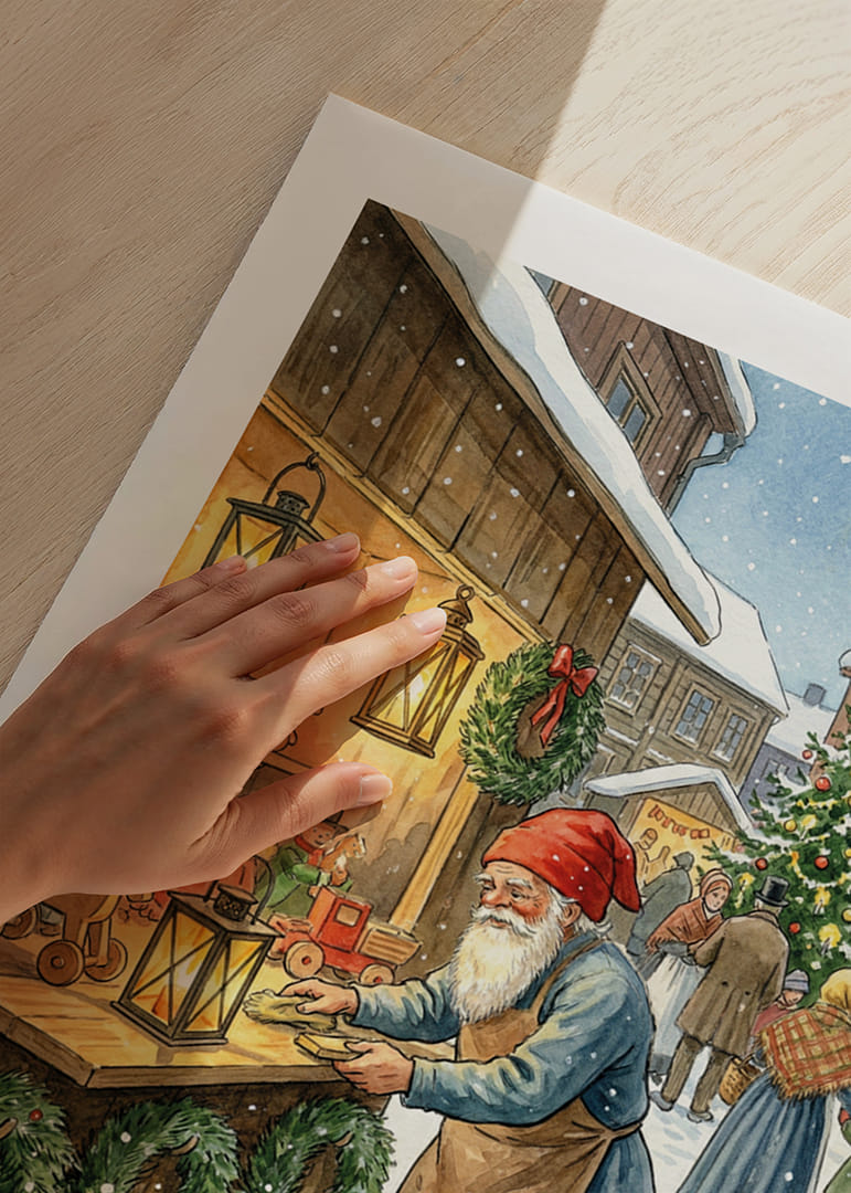 Julidyll med tomte och leksaker under snöig himmel-12