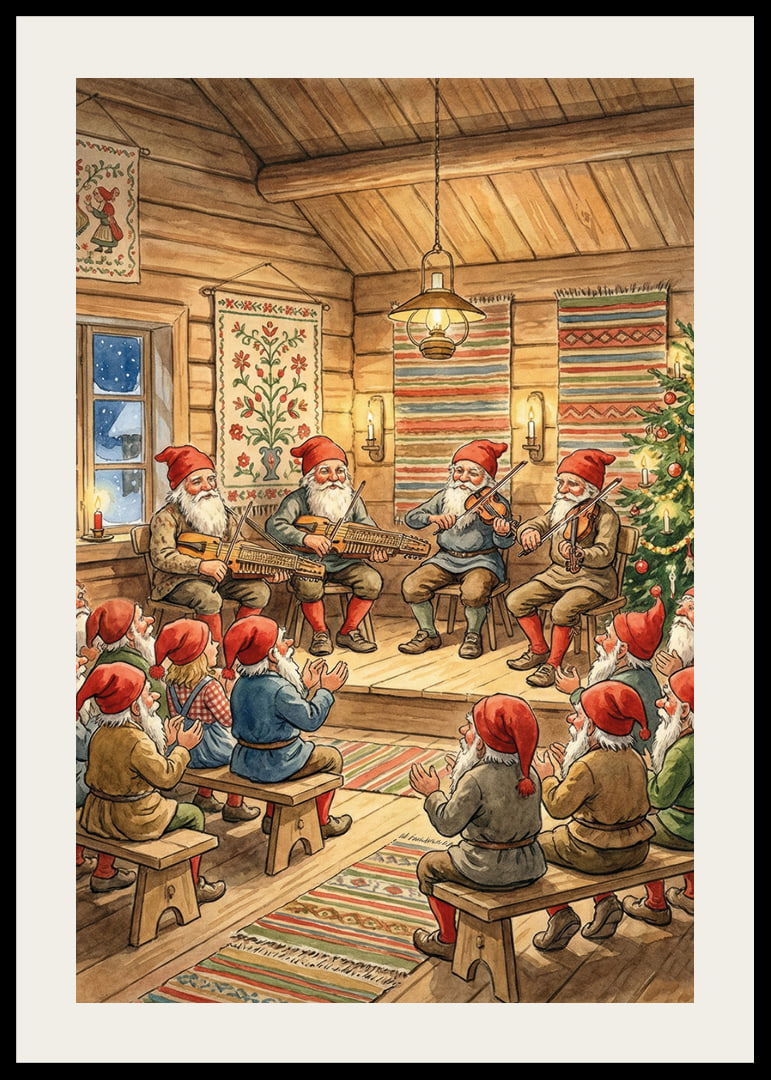 The elves play folk music in a cozy Christmas cottage-12