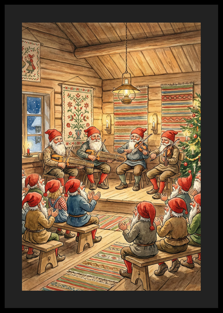The elves play folk music in a cozy Christmas cottage-12