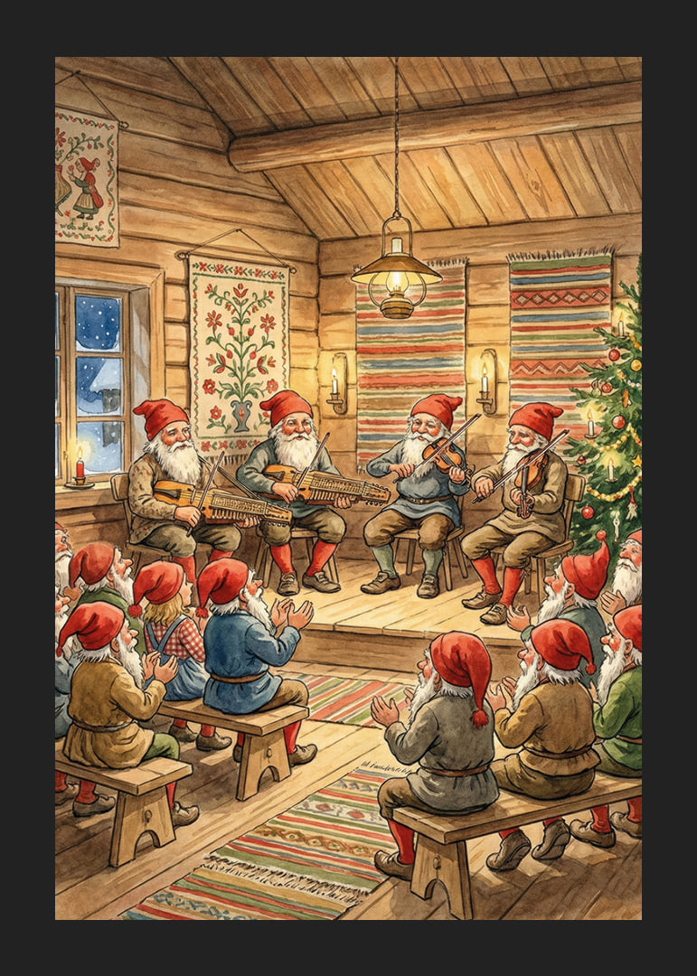 The elves play folk music in a cozy Christmas cottage-12
