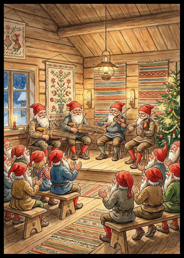 Tontut soittavat kansanmusiikkia viihtyisässä joulumökissä-12