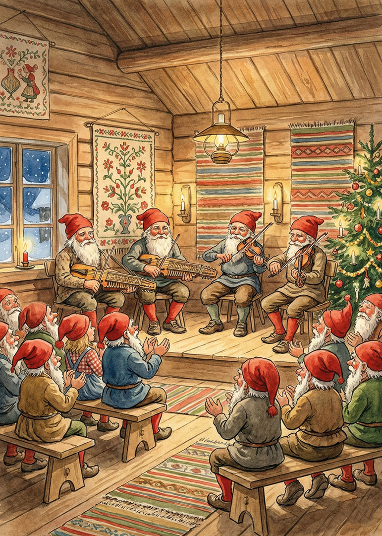 The elves play folk music in a cozy Christmas cottage-12