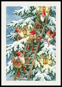 Elves happily climb with lanterns in winter snow-2
