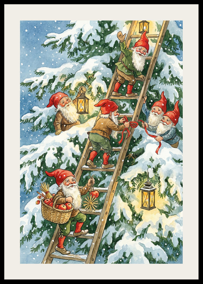 Elfen klimmen vrolijk met lantaarns in de wintersneeuw-12