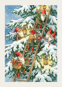 Elfen klimmen vrolijk met lantaarns in de wintersneeuw-3