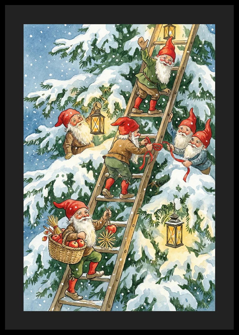 Elves happily climb with lanterns in winter snow-12