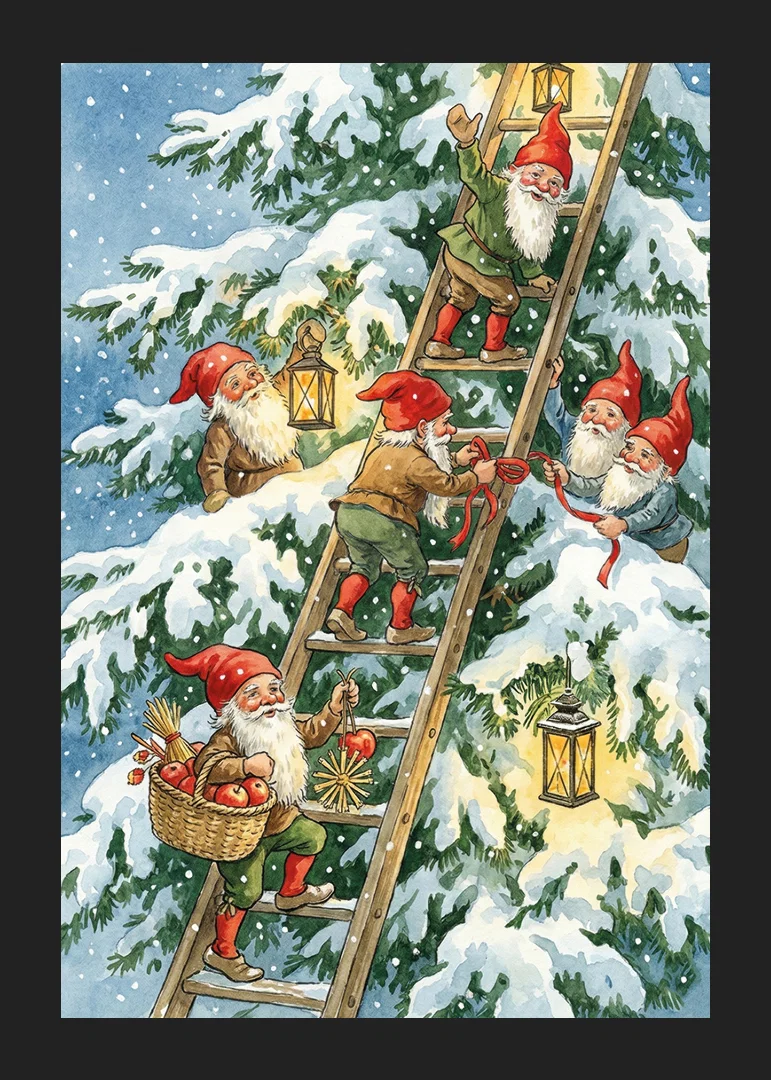 Elves happily climb with lanterns in winter snow-12