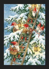 Elfen klimmen vrolijk met lantaarns in de wintersneeuw-5