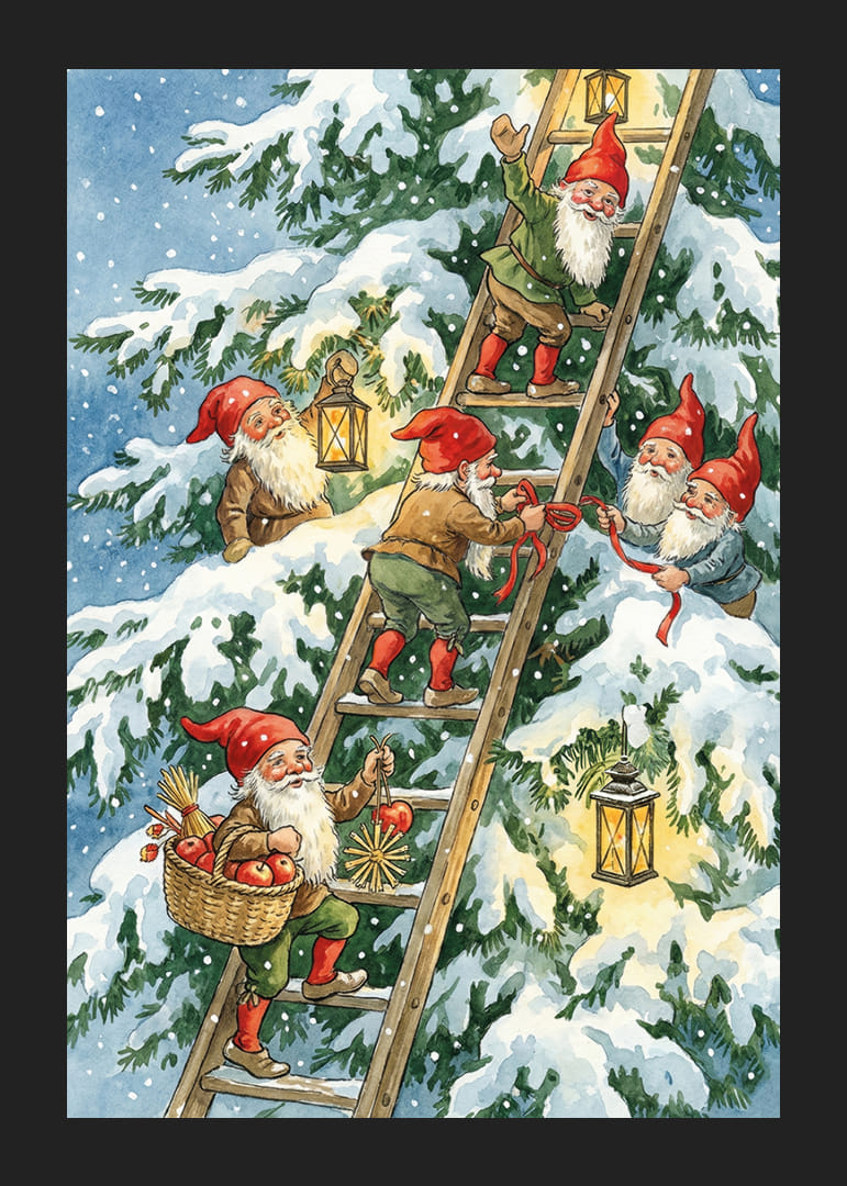 Elfen klimmen vrolijk met lantaarns in de wintersneeuw-12