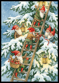 Tomtar klättrar glatt med ljuslyktor i vintersnö-2