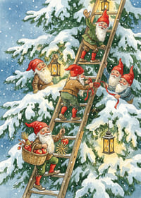 Tomtar klättrar glatt med ljuslyktor i vintersnö-3