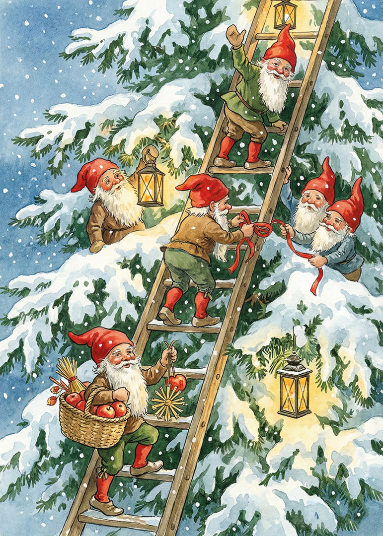 Tomtar klättrar glatt med ljuslyktor i vintersnö-12