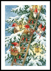 Elves happily climb with lanterns in winter snow-0