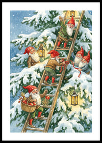 Tomtar klättrar glatt med ljuslyktor i vintersnö-0