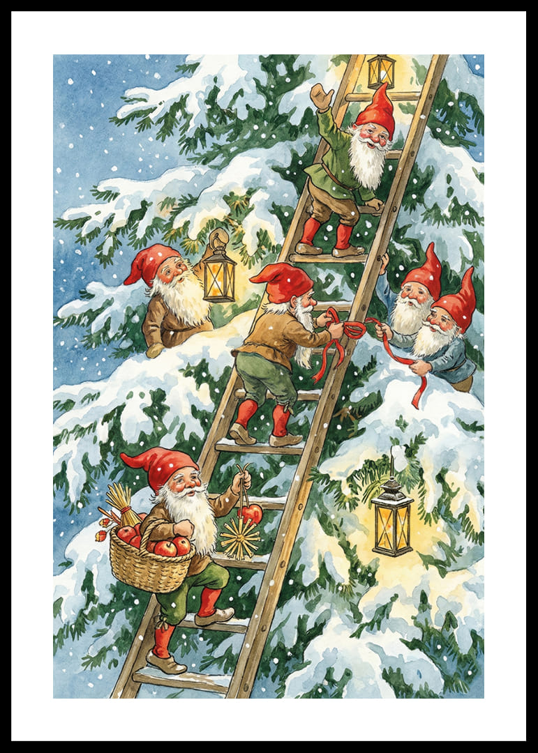 Tomtar klättrar glatt med ljuslyktor i vintersnö-12