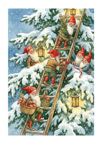 Tomtar klättrar glatt med ljuslyktor i vintersnö-1