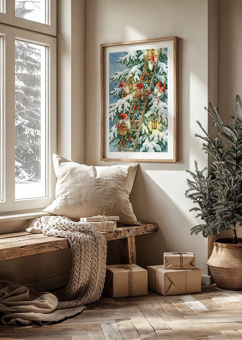 Elves happily climb with lanterns in winter snow-12