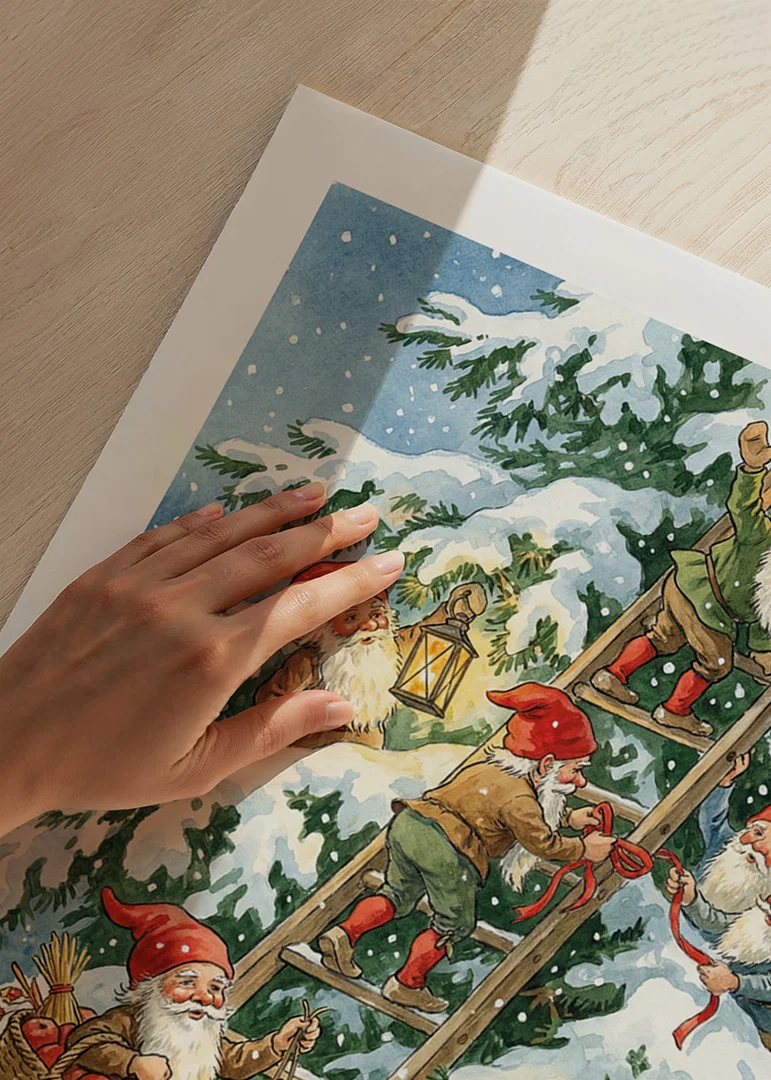 Elves happily climb with lanterns in winter snow-12