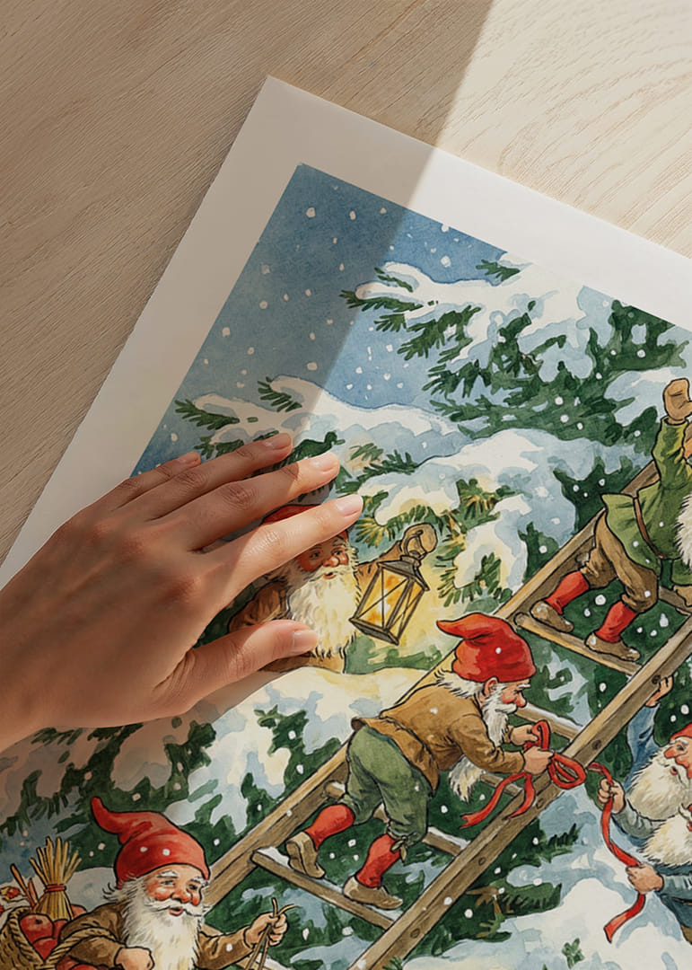 Tomtar klättrar glatt med ljuslyktor i vintersnö-12