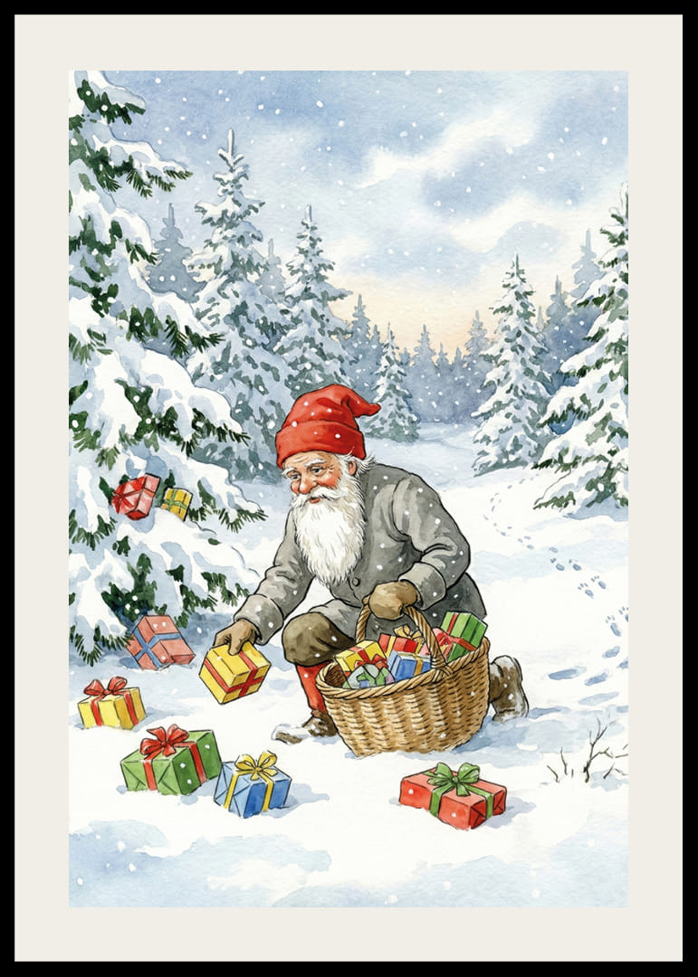 Een winterwereld met de Kerstman die cadeautjes in de sneeuw strooit-12