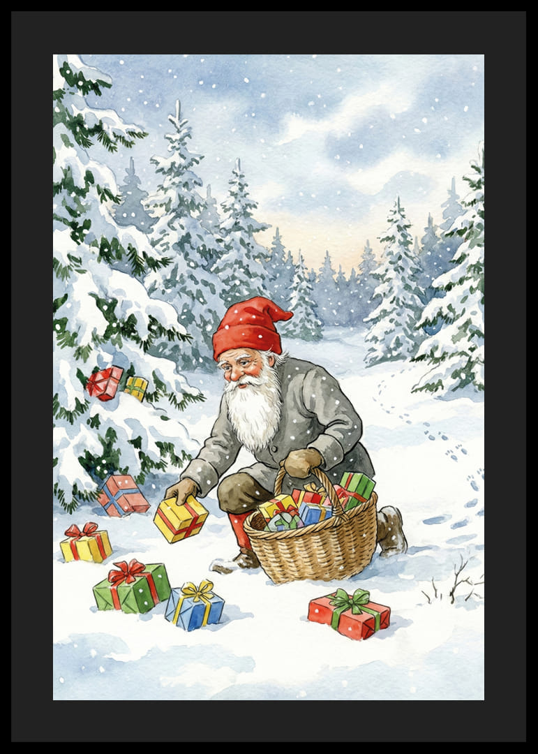 Een winterwereld met de Kerstman die cadeautjes in de sneeuw strooit-12