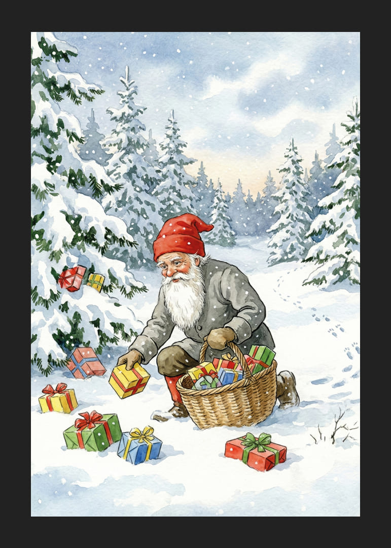 Een winterwereld met de Kerstman die cadeautjes in de sneeuw strooit-12