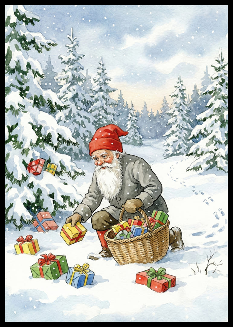 Een winterwereld met de Kerstman die cadeautjes in de sneeuw strooit-12