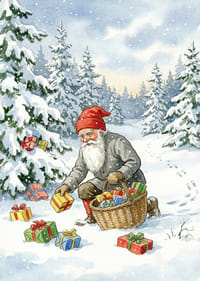 Een winterwereld met de Kerstman die cadeautjes in de sneeuw strooit-3