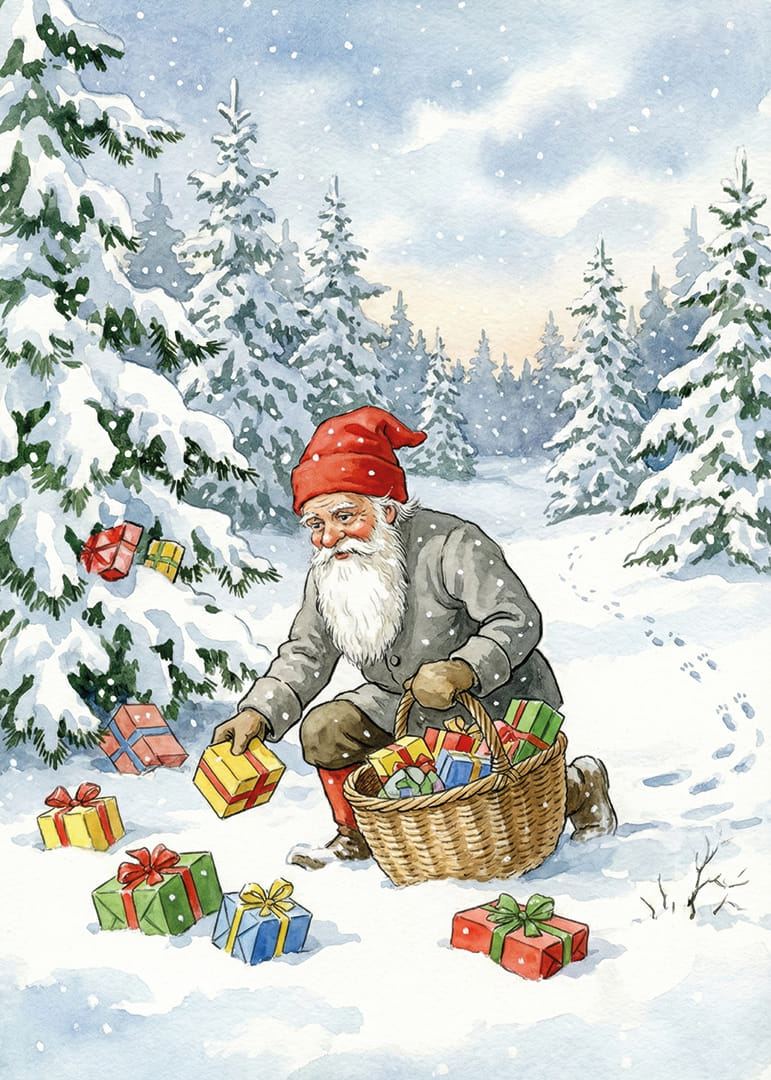 Een winterwereld met de Kerstman die cadeautjes in de sneeuw strooit-12