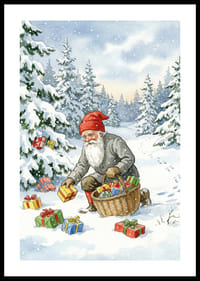 Een winterwereld met de Kerstman die cadeautjes in de sneeuw strooit-0