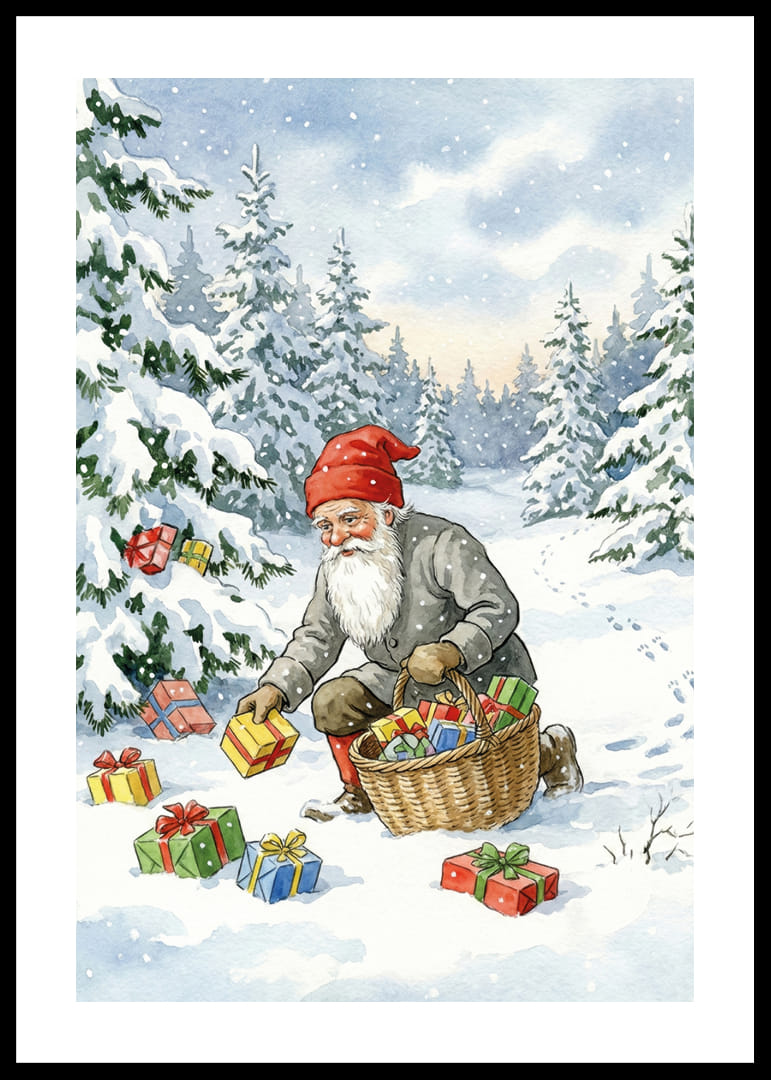 Een winterwereld met de Kerstman die cadeautjes in de sneeuw strooit-12