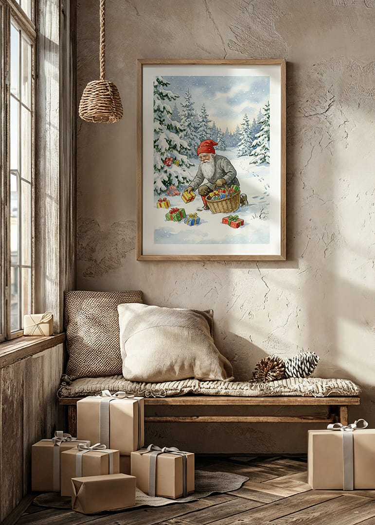 Een winterwereld met de Kerstman die cadeautjes in de sneeuw strooit-12