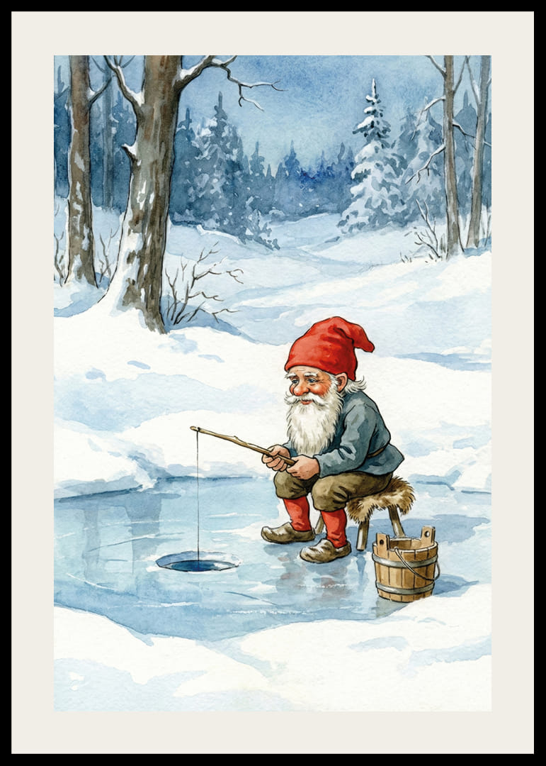 Een kabouter vist vredig op een bevroren meer-12