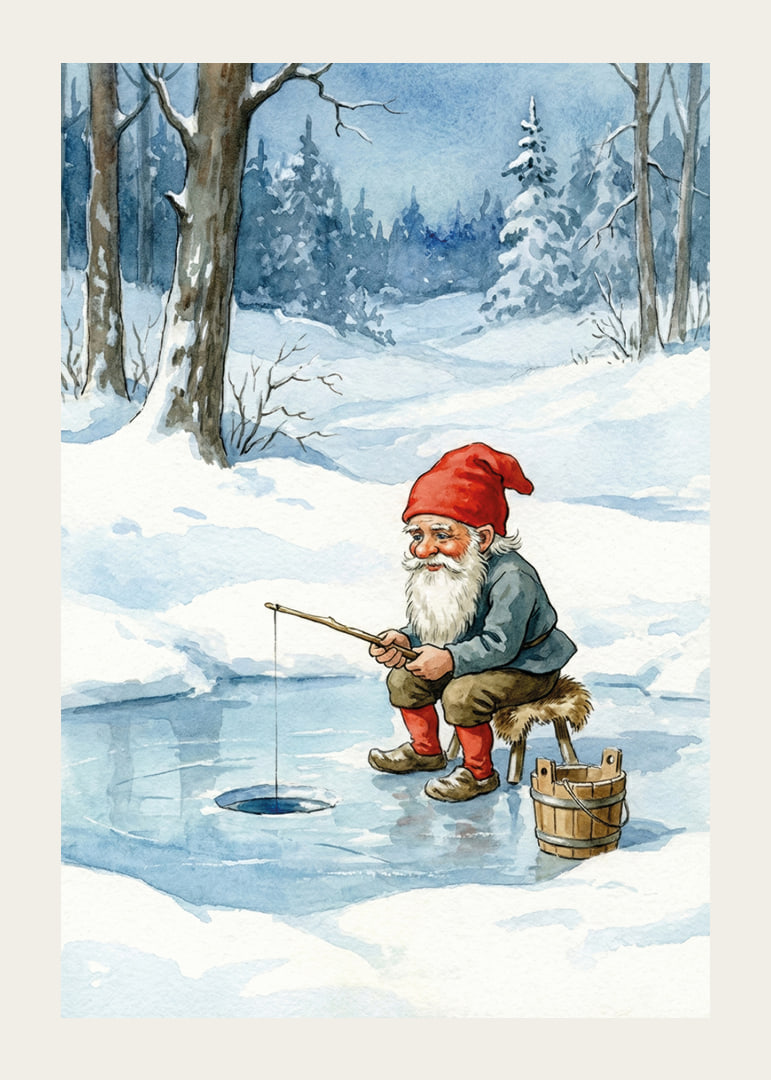 A gnome peacefully fishes on a frozen lake-12