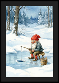 A gnome peacefully fishes on a frozen lake-4