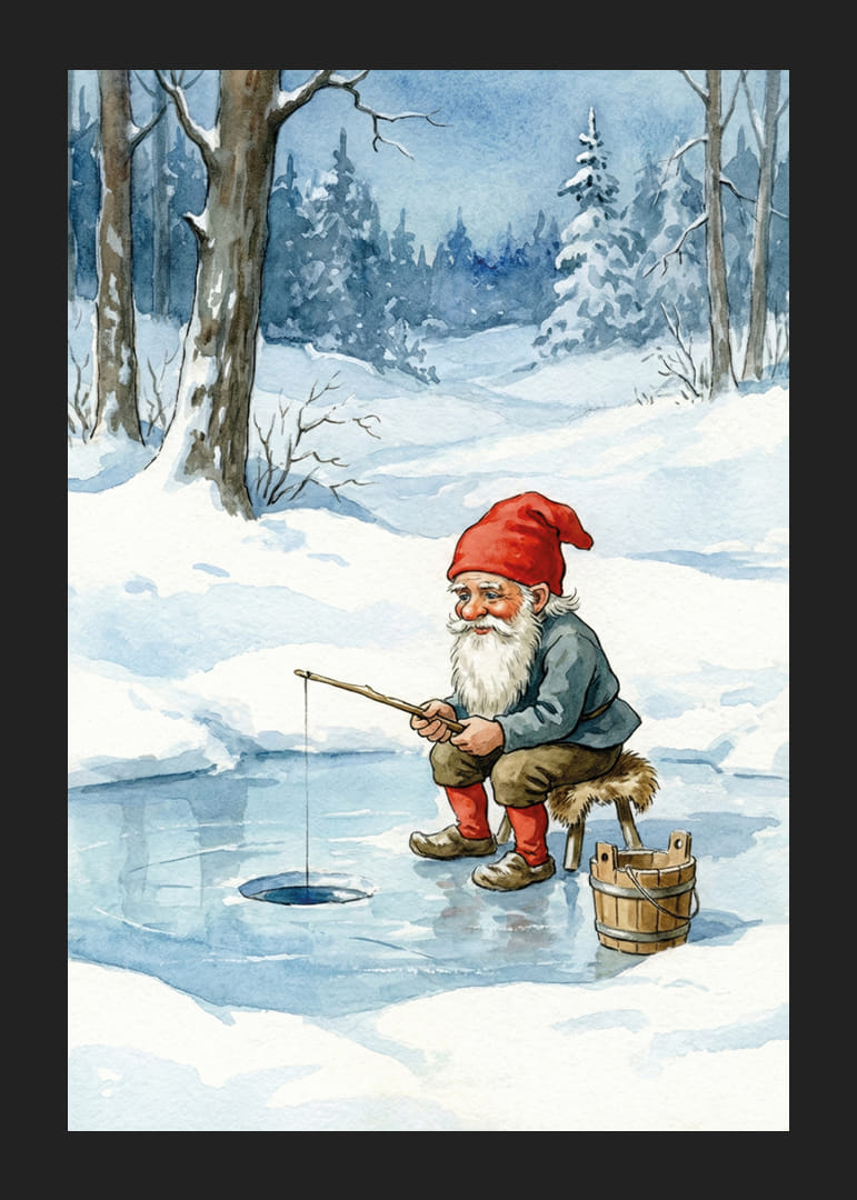 Een kabouter vist vredig op een bevroren meer-12