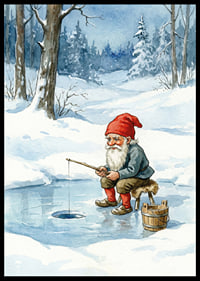 A gnome peacefully fishes on a frozen lake-6
