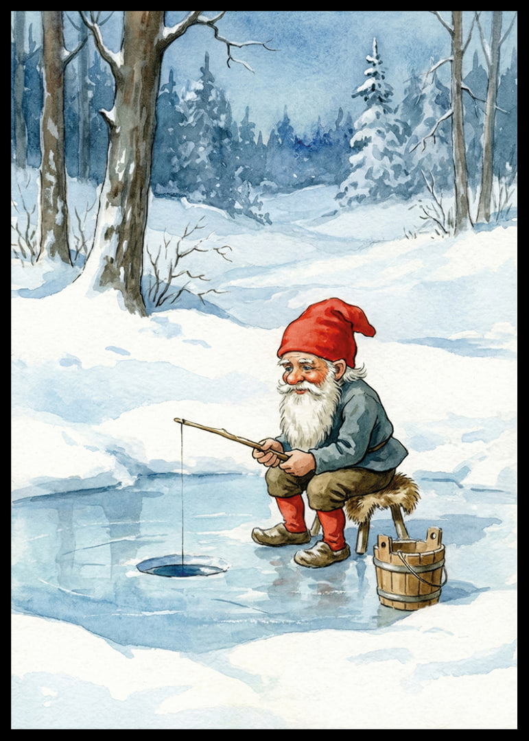 A gnome peacefully fishes on a frozen lake-12