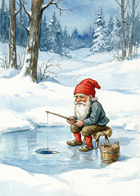 A gnome peacefully fishes on a frozen lake-7