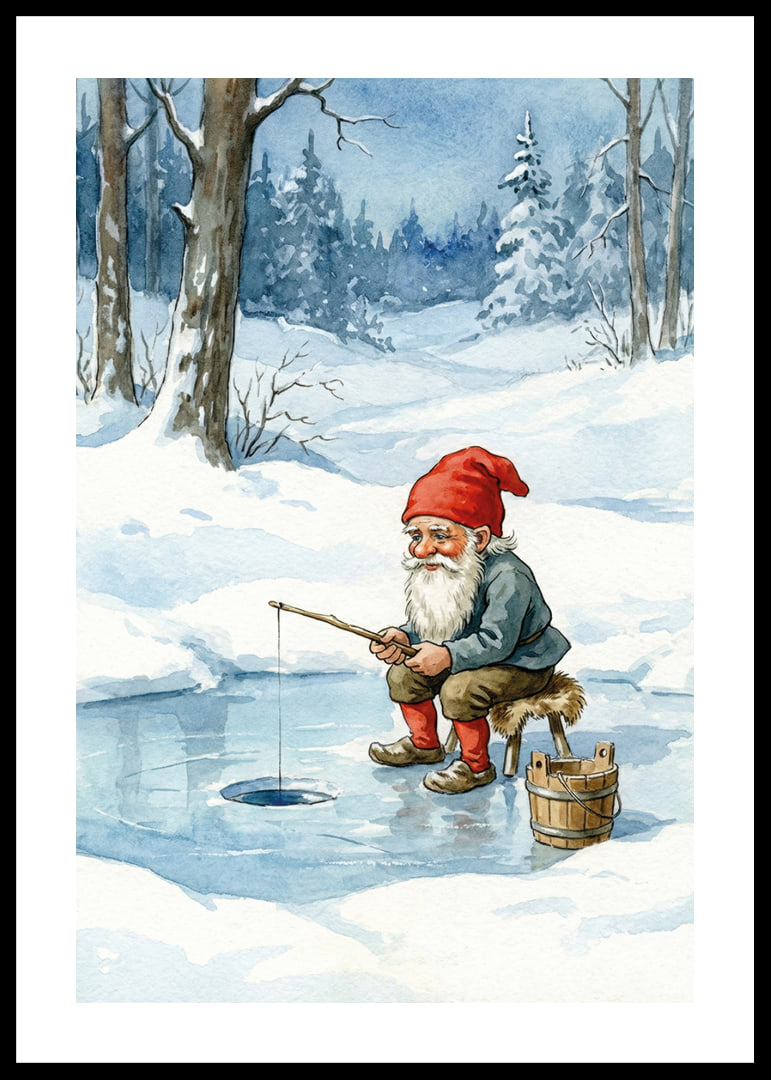 A gnome peacefully fishes on a frozen lake-12