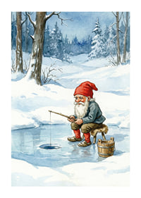 A gnome peacefully fishes on a frozen lake-1