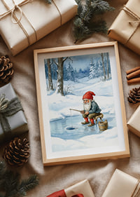 A gnome peacefully fishes on a frozen lake-8