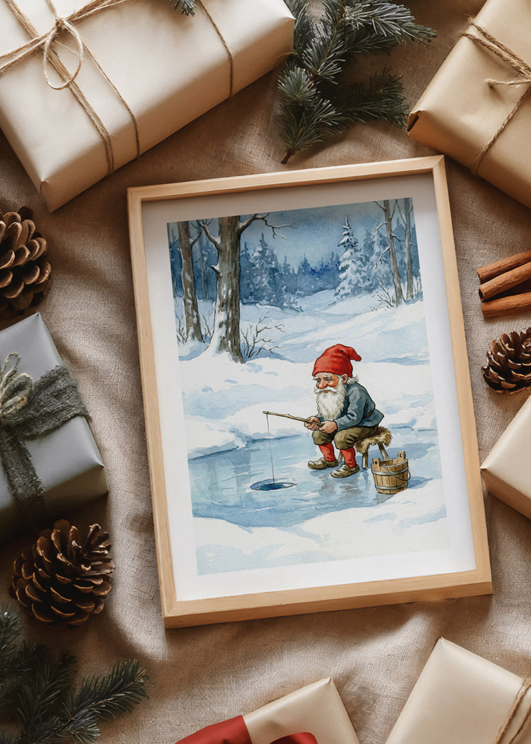 A gnome peacefully fishes on a frozen lake-12