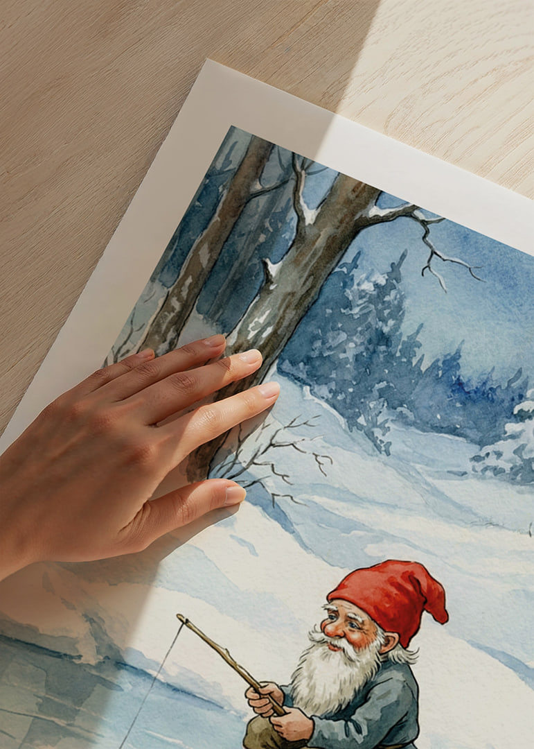 A gnome peacefully fishes on a frozen lake-12