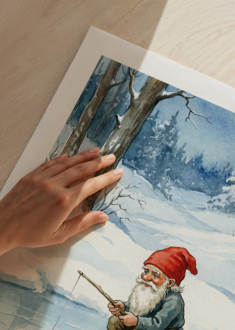 Een kabouter vist vredig op een bevroren meer-12