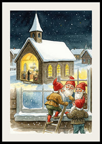 Elves peer into a cozy church on a starry night-2