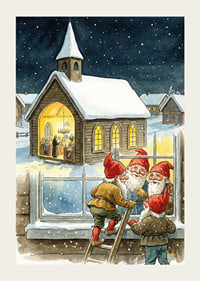 Elves peer into a cozy church on a starry night-3