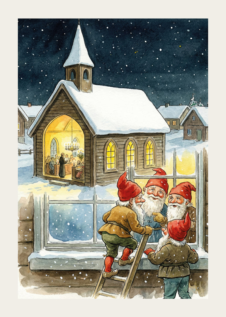Elves peer into a cozy church on a starry night-12