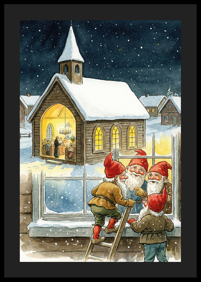 Elves peer into a cozy church on a starry night-12